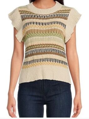 Elan Stripe Crochet Knit Cap Sleeve Shoulder Ruffle Sweater Blouse, Size S